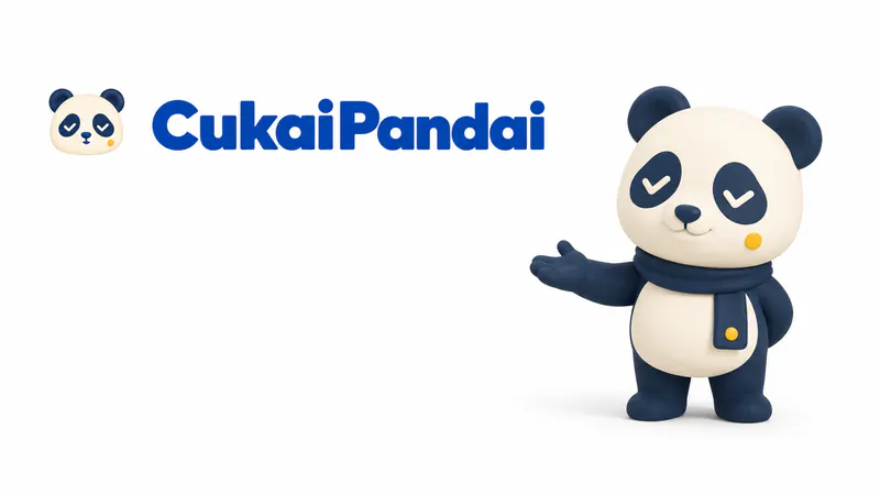 CukaiPandai’s panda mascot, in a navy scarf, presenting the logo.