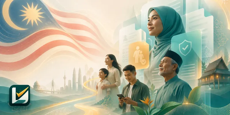 Layak’s art: a Malaysian family under the flag, their documents glowing at their side, with Layak’s tick-box mark.