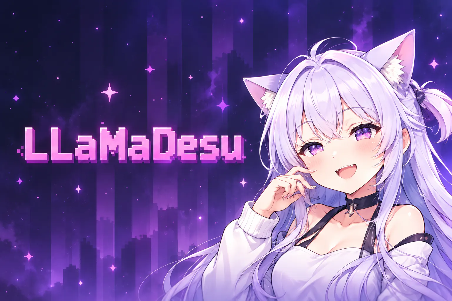 LLaMaDesu’s card: its name in pink pixel letters beside a smiling lavender-haired girl with cat ears, on a purple night sky.