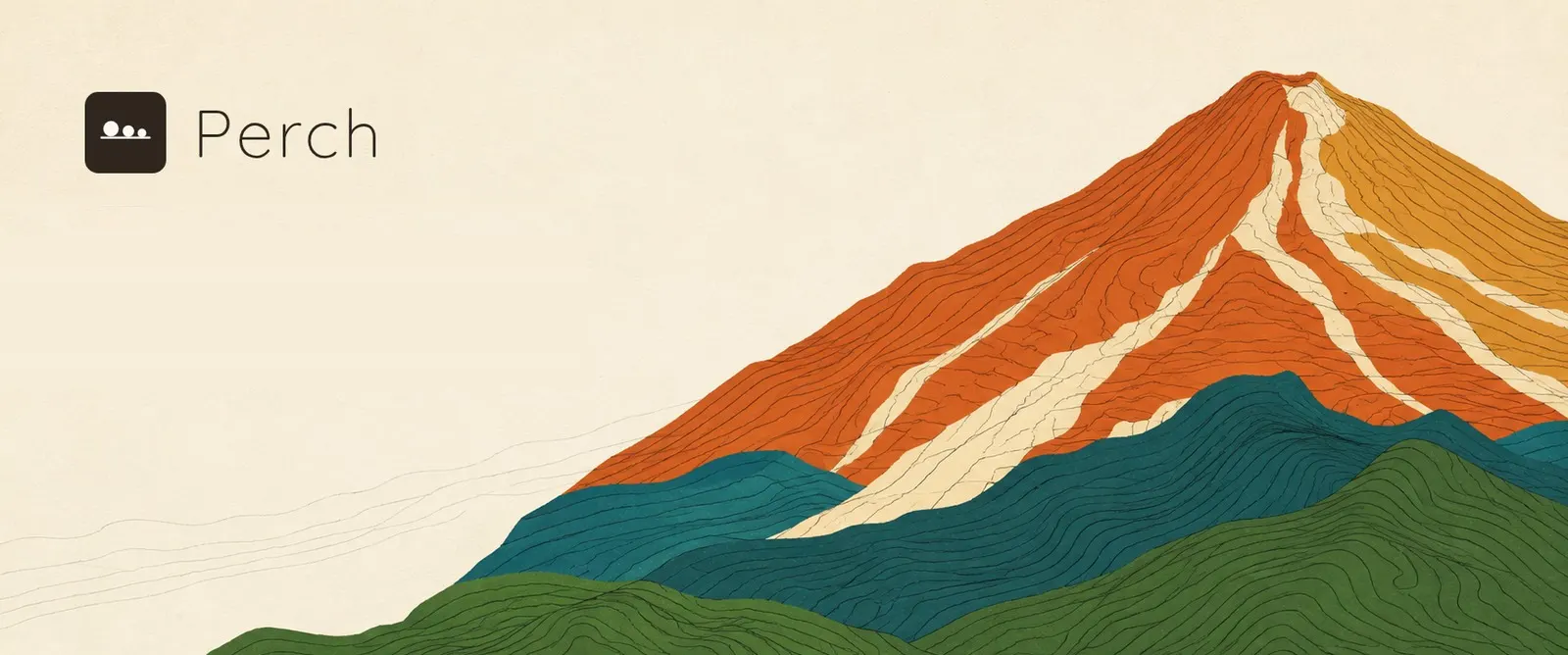 Perch’s banner: its logo beside a layered mountain in orange, teal and green.