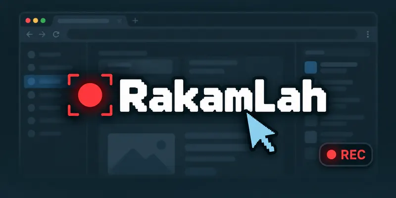 RakamLah’s card: its name in bold white letters beside a red recording dot, over a dimmed browser window, with a mouse cursor and a red REC badge.