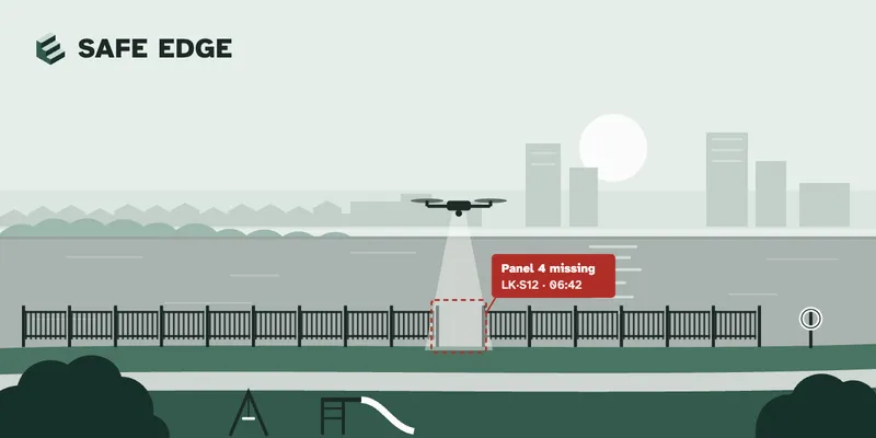 Safe Edge’s banner: a drone over a township lake’s railing flags “Panel 4 missing”, beside a playground.