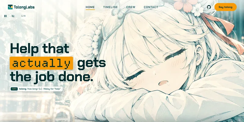 This site’s opening: the headline “Help that actually gets the job done.” over the morning shot of Taiga Tanya still asleep on her arms, a butterfly coming in.