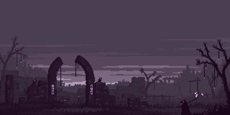 Survivor’s title screen in purple pixel art: ruined stone arches, dead trees and a hooded figure under a dusk sky.