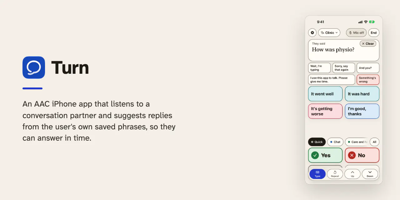 Turn’s banner: its speech-bubble icon and name beside an iPhone offering replies to “How was physio?”