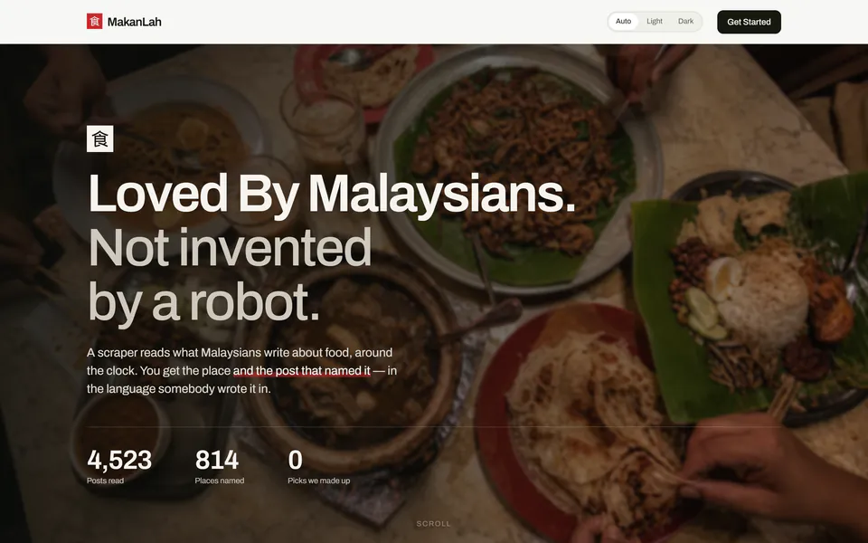 MakanLah’s home page, live: “Loved By Malaysians. Not invented by a robot.”